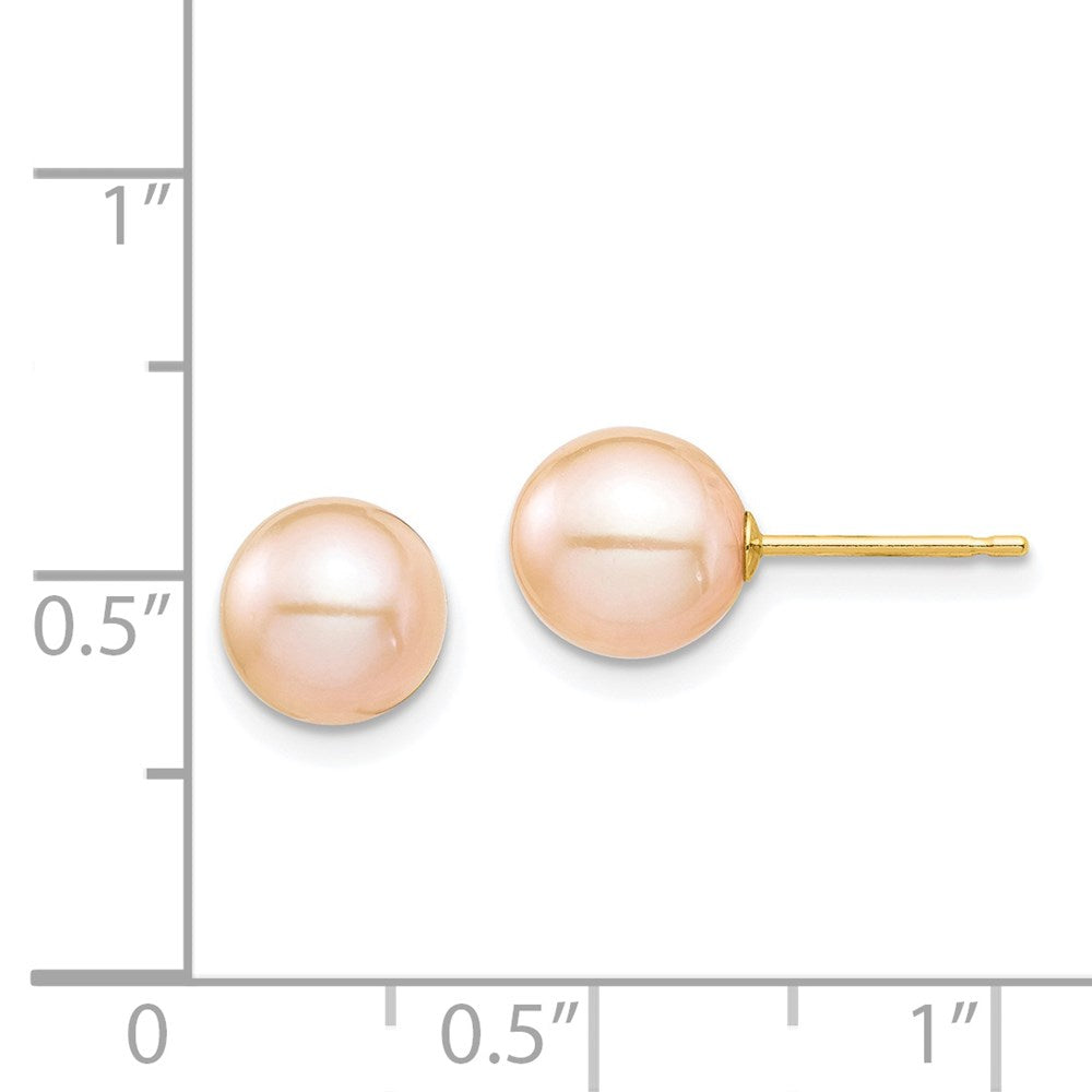 14K Yellow Gold Madi K 7-8mm Pink Round FWC Pearl Stud Post Earrings