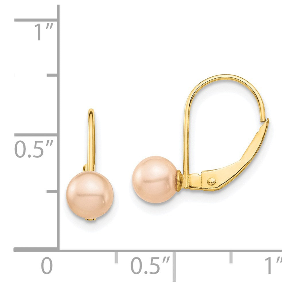 14K Yellow Gold Madi K 5-6mm Pink Round FWC Pearl Leverback Earrings