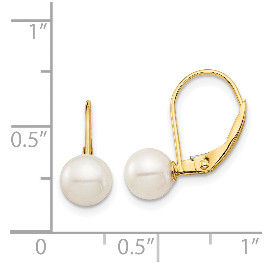 14K Yellow Gold Madi K 6-7mm White Round FWC Pearl Leverback Earrings