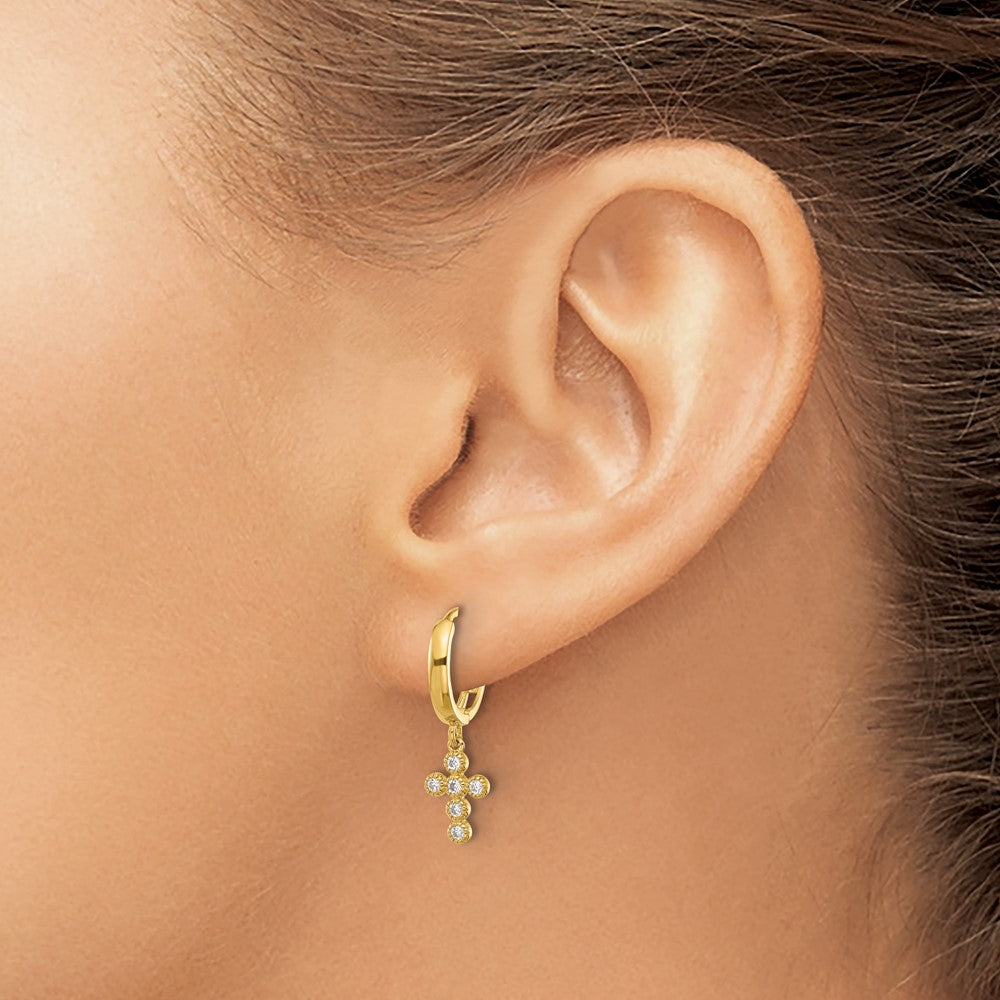 14K Yellow Gold Madi K Polished CZ Cross Dangle Huggie Hoop Earrings