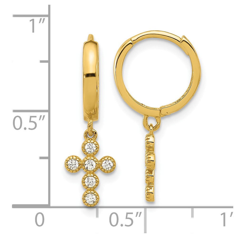 14K Yellow Gold Madi K Polished CZ Cross Dangle Huggie Hoop Earrings