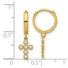 14K Yellow Gold Madi K Polished CZ Cross Dangle Huggie Hoop Earrings
