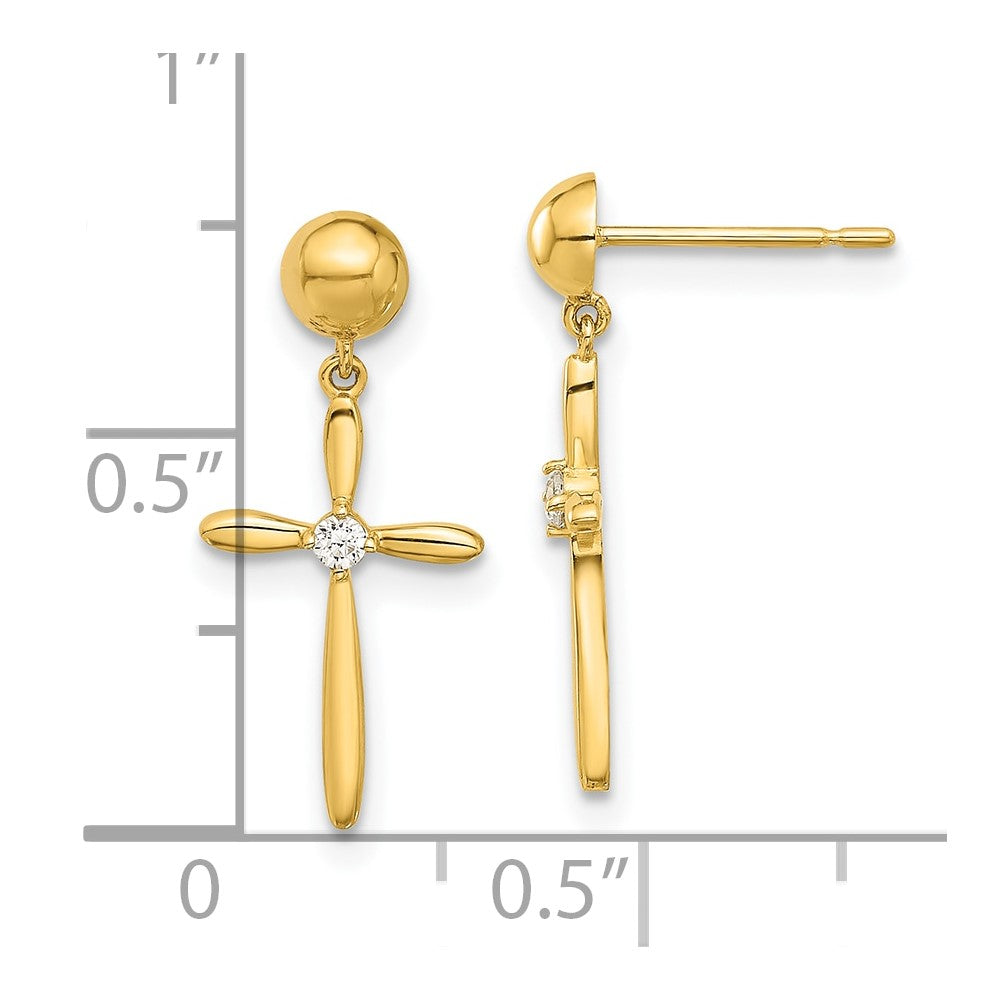 14K Yellow Gold Madi K Polished CZ Cross Post Dangle Earrings