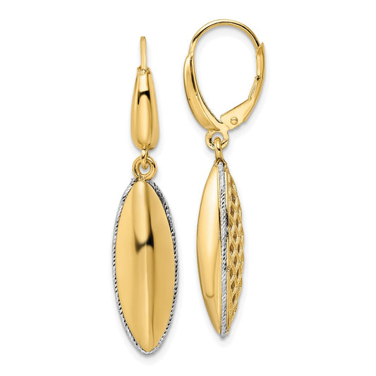 14K Two-Tone Gold Polished Diamond-cut Hollow Teardrop Criss Cross Leverback Earrings