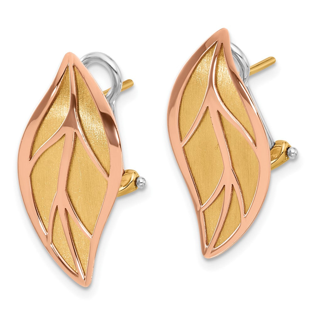 14K Rose & Yellow Polished Brushed Leaf Omega Back Earrings