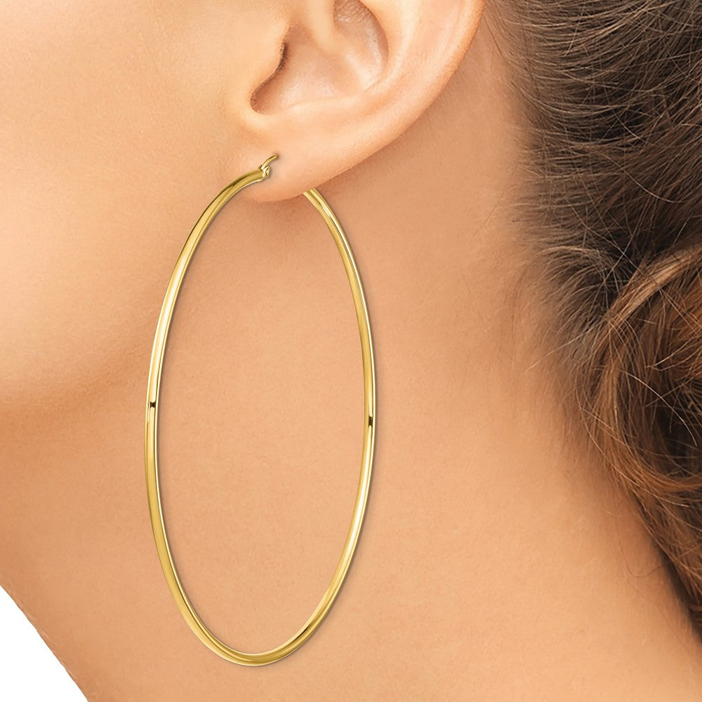 14K Yellow Gold Polished 2x80mm Lightweight Tube Hoop Earrings