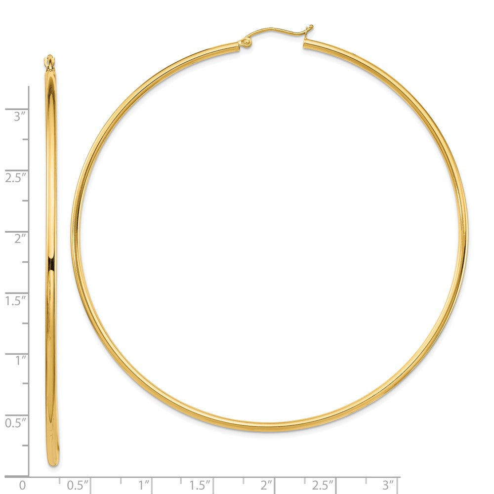 14K Yellow Gold Polished 2x80mm Lightweight Tube Hoop Earrings