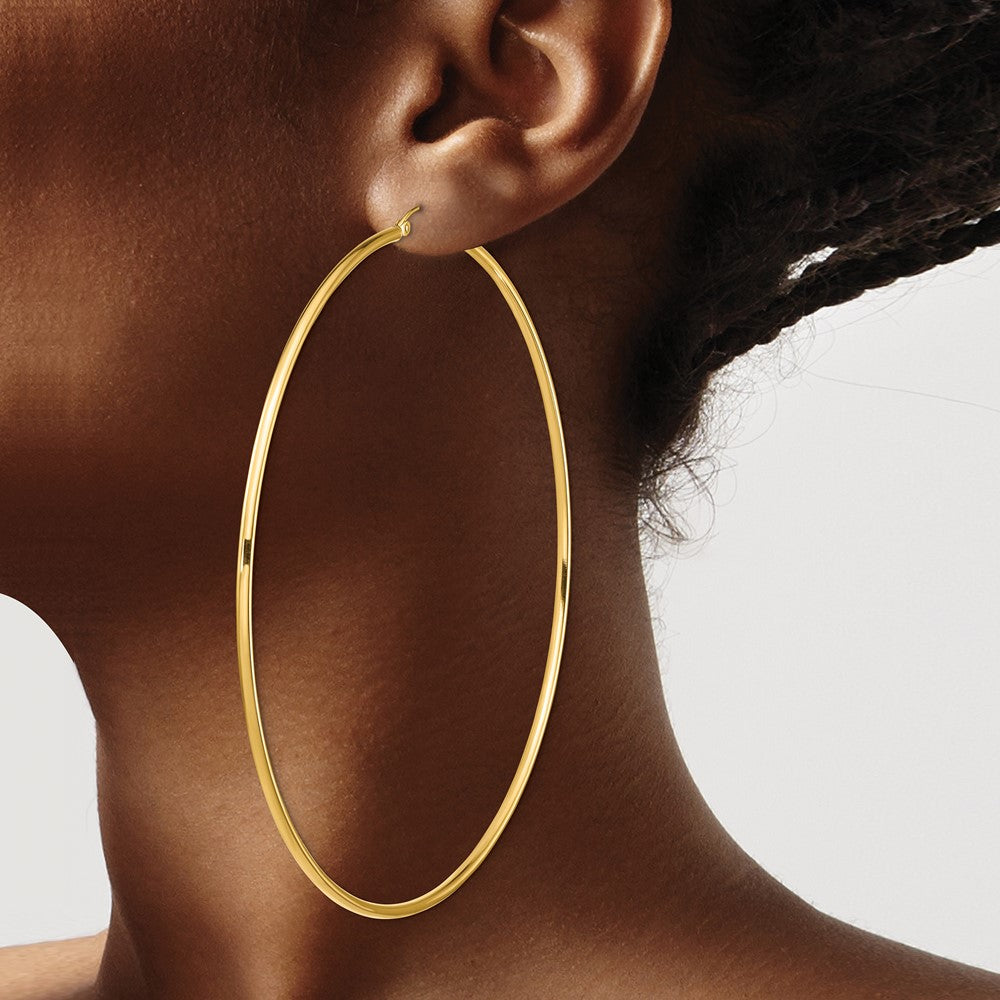 14K Yellow Gold Polished 2x90mm Lightweight Tube Hoop Earrings