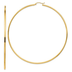 14K Yellow Gold Polished 2x90mm Lightweight Tube Hoop Earrings