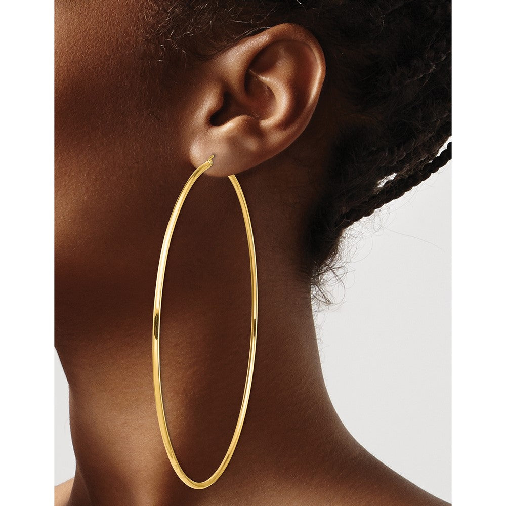 14K Yellow Gold Polished 2x100mm Tube Hoop Earrings
