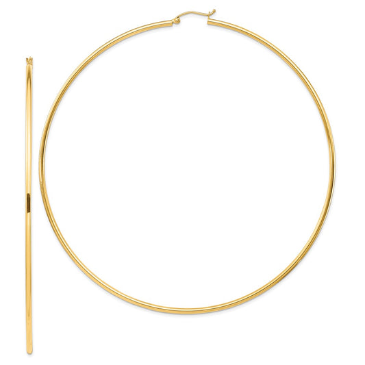 14K Yellow Gold Polished 2x100mm Lightweight Tube Hoop Earrings