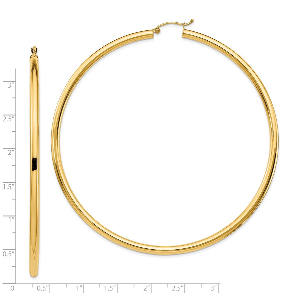 14K Yellow Gold Polished 3x80mm Tube Hoop Earrings