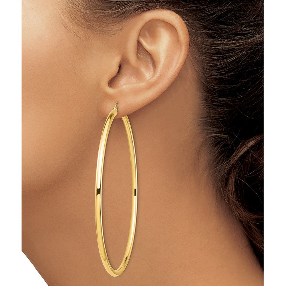 14K Yellow Gold Polished 3x80mm Lightweight Tube Hoop Earrings