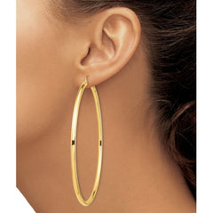 14K Yellow Gold Polished 3x80mm Lightweight Tube Hoop Earrings