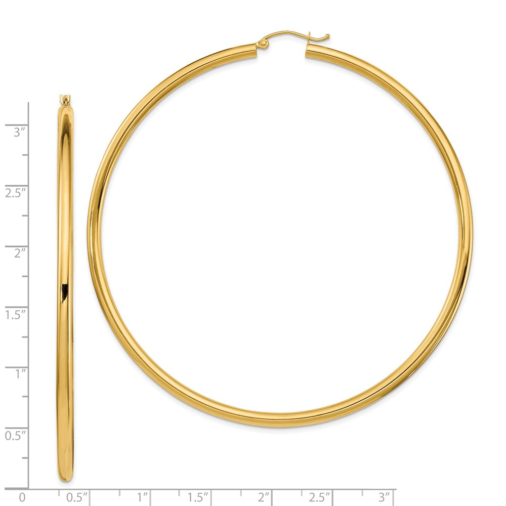 14K Yellow Gold Polished 3x80mm Lightweight Tube Hoop Earrings