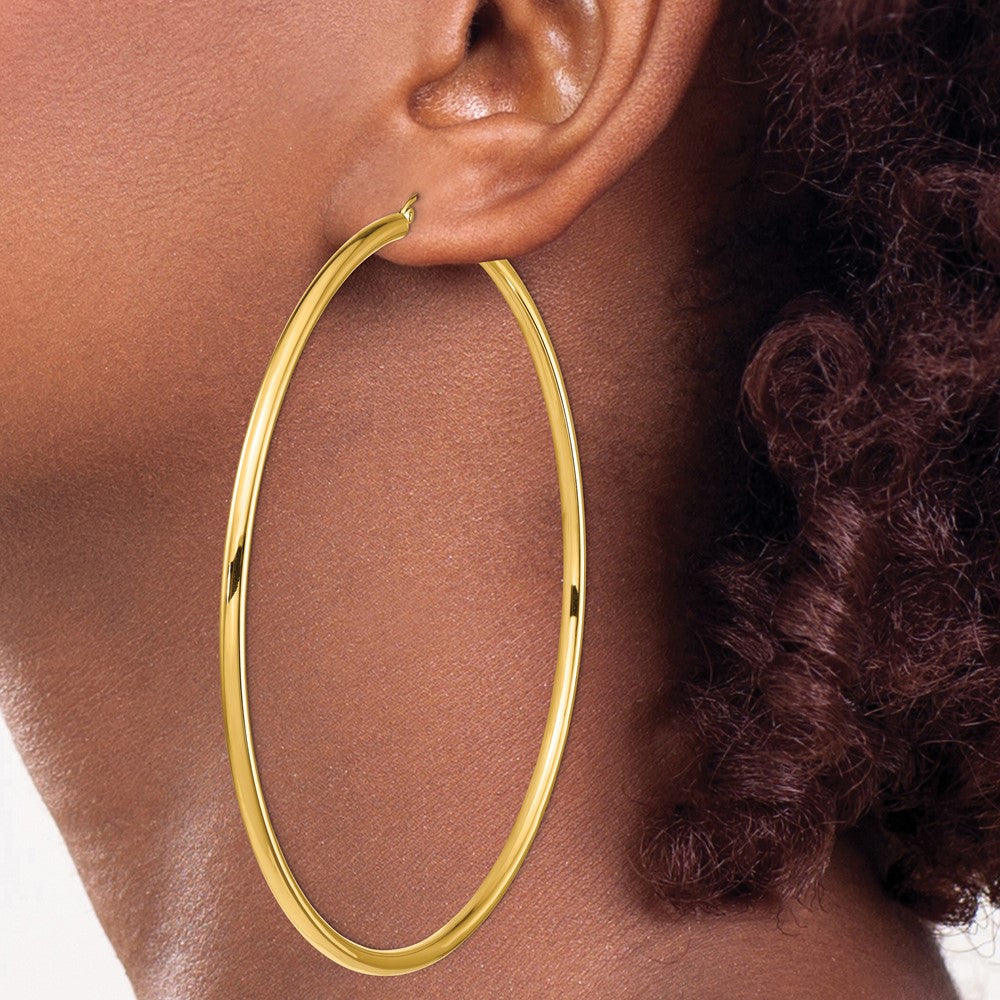 14K Yellow Gold Polished 3x90mm Tube Hoop Earrings