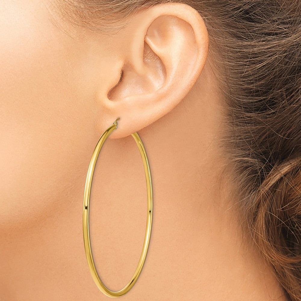 14K Yellow Gold Polished 3x90mm Lightweight Tube Hoop Earrings