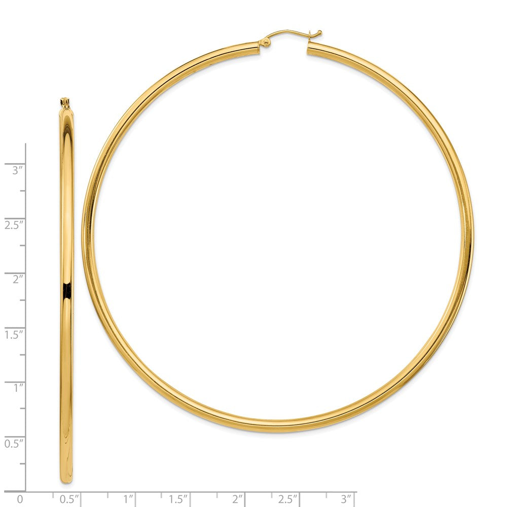 14K Yellow Gold Polished 3x90mm Lightweight Tube Hoop Earrings