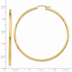 14K Yellow Gold Polished 2x55mm Lightweight Tube Hoop Earrings