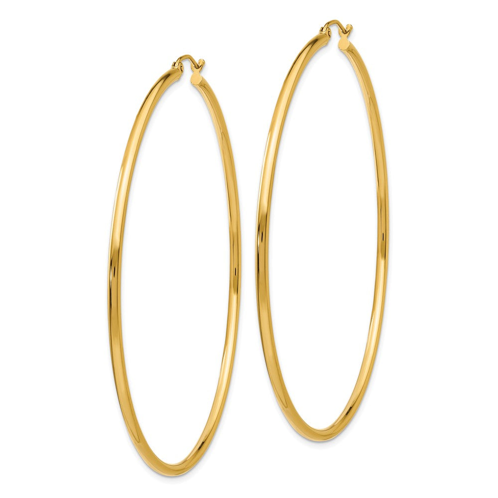 14K Yellow Gold Polished 2x65mm Lightweight Tube Hoop Earrings