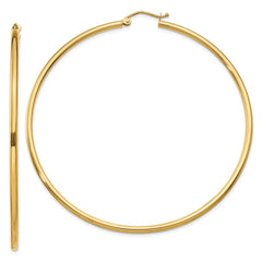 14K Yellow Gold Polished 2x65mm Lightweight Tube Hoop Earrings