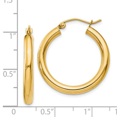 14K Yellow Gold Polished 3mm Lightweight Tube Hoop Earrings