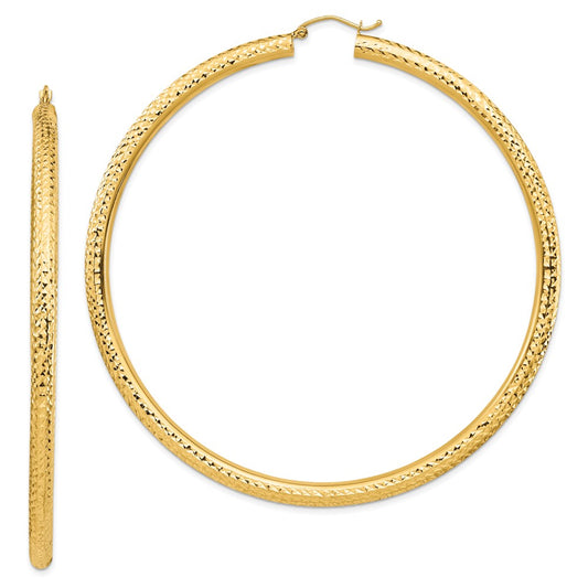 14K Yellow Gold Diamond-cut 4x80mm Lightweight Tube Hoop Earrings