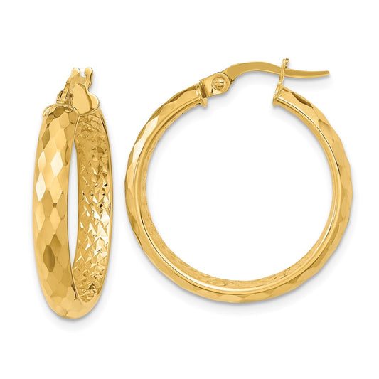 14K Yellow Gold Polished and Textured Diamond-cut Inside Fancy Hoop Earrings
