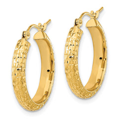 14K Yellow Gold Polished and Textured Diamond-cut Hoop Earrings