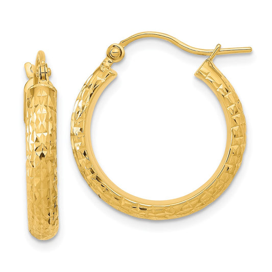 14K Yellow Gold Polished and Textured Diamond-cut Hoop Earrings
