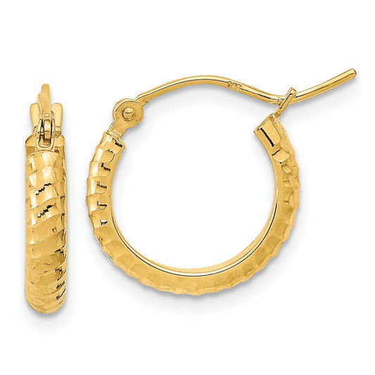 14K Yellow Gold Polished and Diamond-cut Textured Hoop Earrings