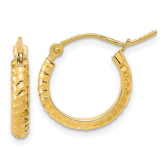 14K Yellow Gold Polished and Diamond-cut Textured Hoop Earrings