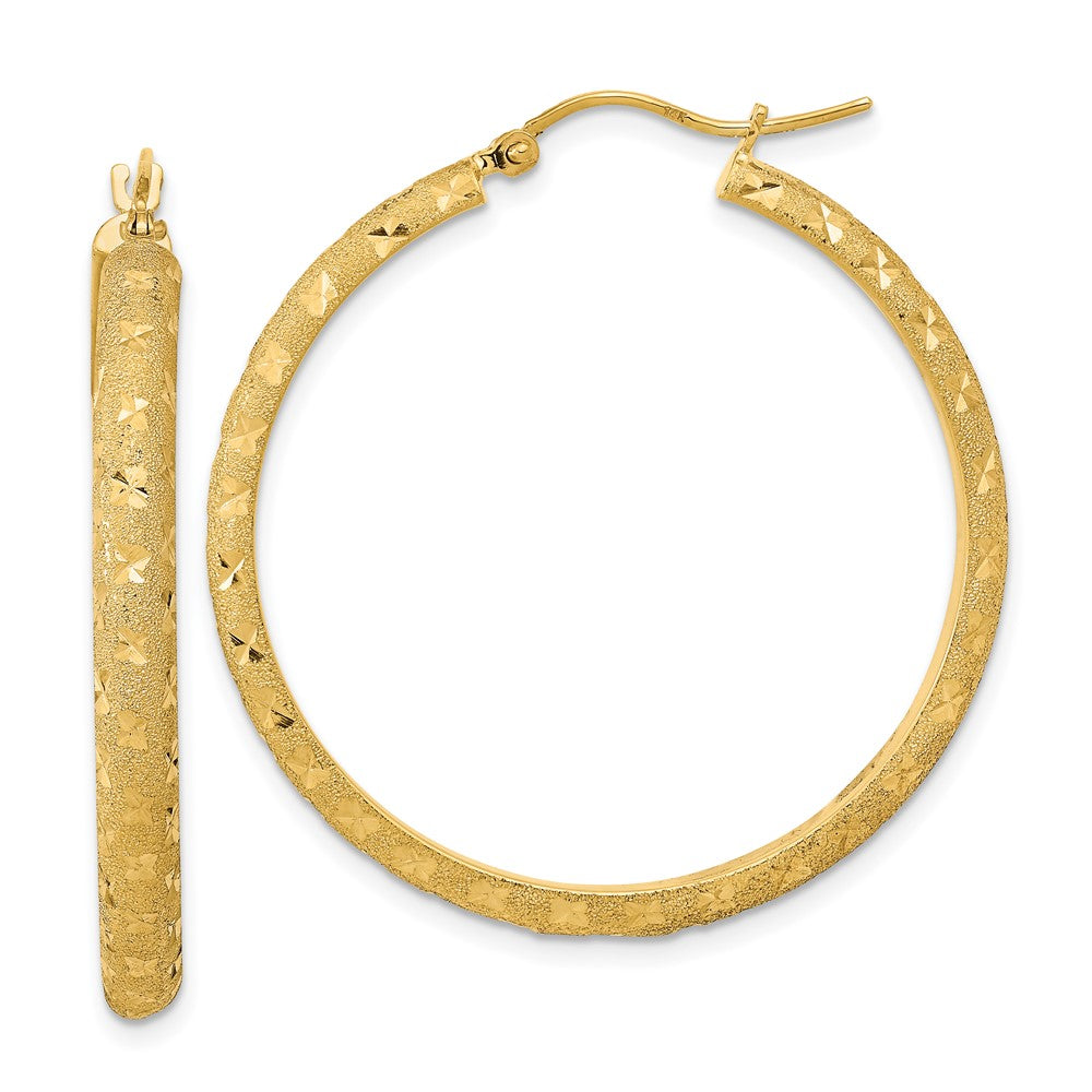 14K Yellow Gold Polished and Brushed Diamond-cut Fancy Hoop Earrings