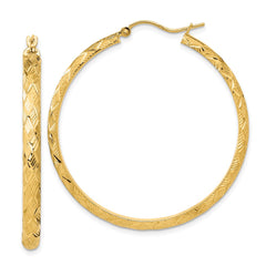 14K Yellow Gold Polished and Textured Fancy Diamond-cut Hoop Earrings