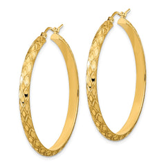 14K Yellow Gold Polished and Satin Diamond-cut Diamond Pattern Hoop Earrings