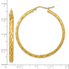 14K Yellow Gold Polished and Satin Diamond-cut Diamond Pattern Hoop Earrings