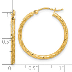 14K Yellow Gold Polished and Satin Diamond-cut 2.05mm Hoop Earrings