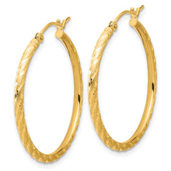 14K Yellow Gold Polished and Satin Diamond-cut 2.00mm Hoop Earrings