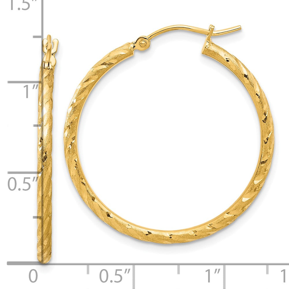 14K Yellow Gold Polished and Satin Diamond-cut 2.00mm Hoop Earrings