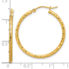 14K Yellow Gold Polished and Satin Diamond-cut 2.00mm Hoop Earrings