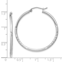 14K White Gold Satin and Diamond-cut 2mm Round Hoop Earrings