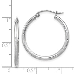 14K White Gold Satin and Diamond-cut 2mm Round Hoop Earrings