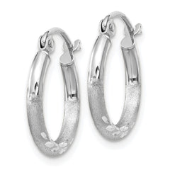 14K White Gold Satin and Diamond-cut 2mm Round Hoop Earrings