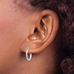 14K White Gold Satin and Diamond-cut 2mm Round Hoop Earrings