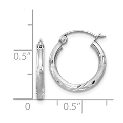 14K White Gold Satin and Diamond-cut 2mm Round Hoop Earrings