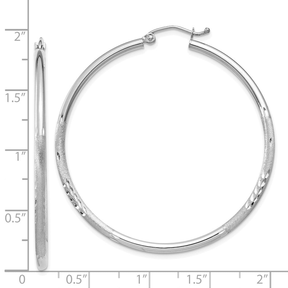 14K White Gold Satin and Diamond-cut 2mm Round Hoop Earrings