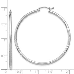 14K White Gold Satin and Diamond-cut 2mm Round Hoop Earrings