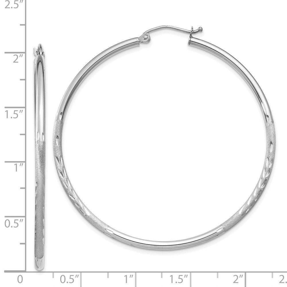 14K White Gold Satin and Diamond-cut 2mm Round Hoop Earrings