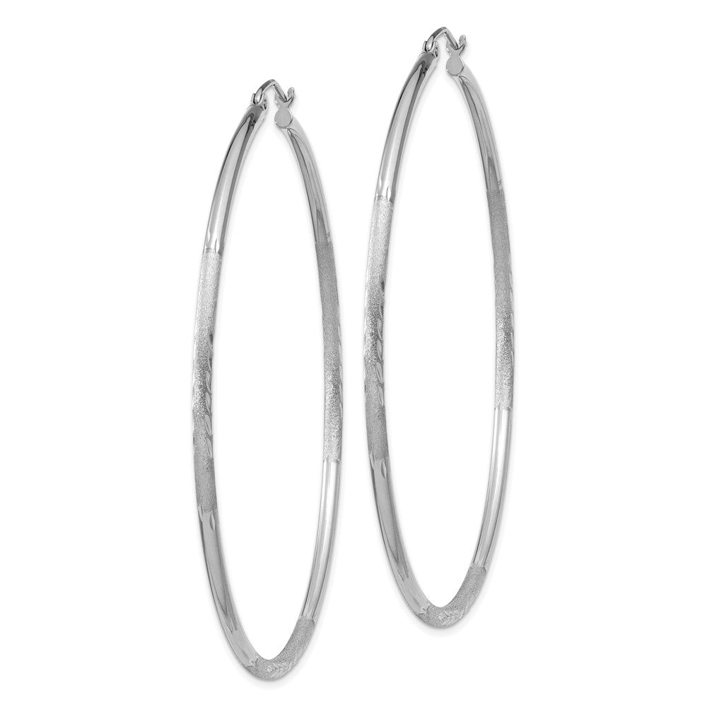 14K White Gold Satin and Diamond-cut 2mm Round Hoop Earrings