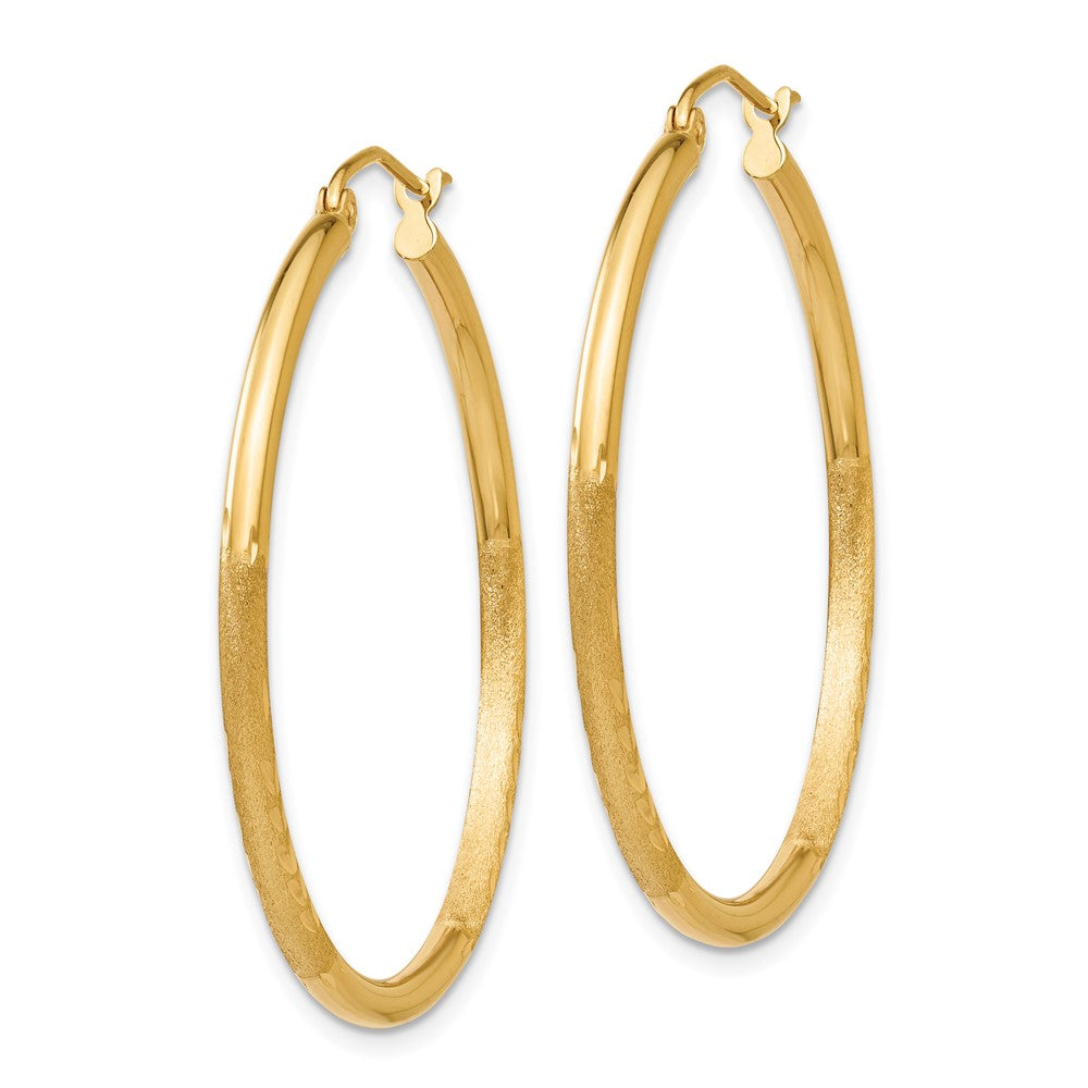 14K Yellow Gold Satin and Diamond-cut 2mm Round Tube Hoop Earrings